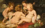follower of Peter Paul Rubens, Christ and John the Baptist as children and two angels, oil on panel (parqueted)