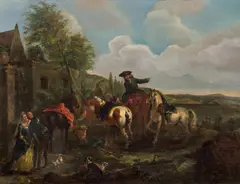 attributet to August Querfurt, Elegant hunting party, oil on panel
