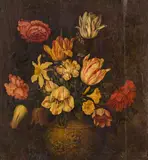 Flowers in stone vase by follower of Ambrosius Bosschaert, oil on panel, offered Jan 2015