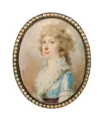 Heinrich Füger, Young lady in a blue dress, minature on ivory; goldmedal with pearls