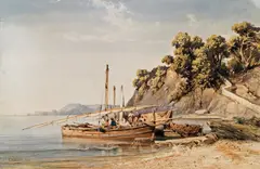 Vincent Courdouan, Fishing boats in the harbour, 1846, watercolour on paper