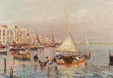 Attilio Pratella, Fishing boats in a harbour, Italy, oil on panel