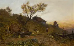 Max Suppantschitsch, Idyllic landscape at sunset, 1885, oil on panel