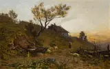 Max Suppantschitsch, Idyllic landscape at sunset, 1885, oil on panel