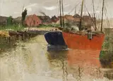 Adolf Kaufmann, Boats in the harbour, 1901, oil on canvas