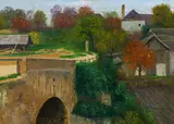 Hans Ranzoni, Houses with bridge, 1909, oil on canvas