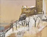 Josef Dobrowsky, Church on the hill, mixed media on paper; unframed