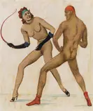 Alfons Walde, Love play with whip, c. 1950, mixed media on paper
