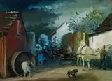 Victor Pipal, Kellergasse during grape harvest, oil on fiberboard