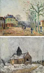 Eugène Henri Alexandre Chigot, Mixed lot: 2 paintings (Parisian street scene & a church in winter), oil on canvas