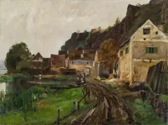 Constantin Gerhardinger, Village at a pond, oil on canvas