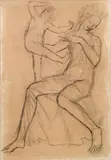 Ernst Fuchs, Mother and child, graphite on paper on canvas