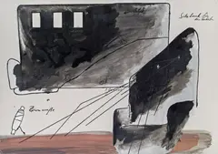 Bruno Gironcoli, Sitzbank für Messbarkeiten, mixed media on cardboard