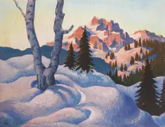 Winter evening in the Dolomites by Herbert Gurschner, ca. 1935, oil and tempera on cardboard, sold Nov 2014
