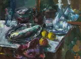 Anton Faistauer, Still life with fish, water bottle an glass