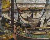 Leopold Hauer, Fishing boats, ca. 1960, oil on hardboard