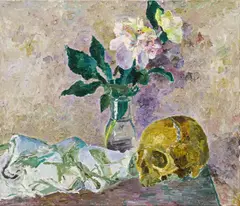 Felix Esterl, Still life with skull and peonies, 1928, oil on canvas