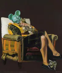 Deborah Sengl, Die Katzenliebhaberin-Zur Anbiederung-Ertarnt sich deren Lieblingsspielzeug, 2003, oil on canvas