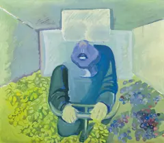 Maria Lassnig, Brettl vorm Kopf, 1967, oil on canvas