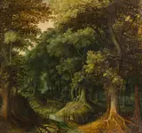 workshop of Abraham Govaerts, A hermit in a forest landscape, oil on canvas
