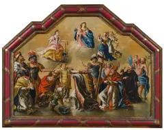 South German Master, Madonna with child and the Fourteen Holy Helpers, oil on panel