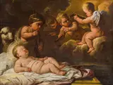 The sleeping Infant Christ and music making angels by circle of Luca Giordano, oil on canvas, offered Nov 2014