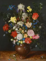 Jan Brueghel the Elder, Still life with flowers in a clay vase, oil on panel