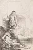 Male Nude, Seated and Standing (Het Rolwagentje) by Rembrandt Harmensz van Rijn, c. 1646, etching, sold Nov 2014
