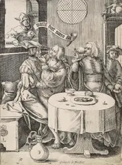 Jan Thiel, A tavern scene - ‚wacht hoet varen sal’, c. 1590, engraving