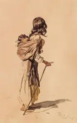 Girl carrying an infant on her back by Johann Gualbert Raffalt, watercolour, pencil on paper on cardboard; without frame, sold Nov 2014