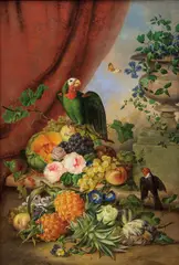 Franz Xaver Petter, Still life with flowers, fruits and parrot, 1839, oil on canvas