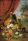 Franz Xaver Petter, Still life with flowers, fruits and parrot, 1839, oil on canvas