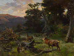 Franz Xaver von Pausinger, Wood glade with red deer, oil on canvas
