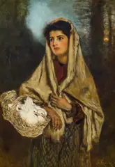 Anton Romako, Girl with doves in a basket, oil on canvas