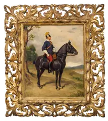 Gyula Éder, Dragoon on his horse, oil on panel