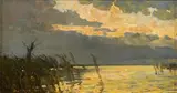 Alfred Poell, Evening at the Attersee, oil on panel