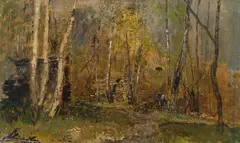 Wood collector in the birch forest near Hütteldorf by Emil Jakob Schindler, c. 1882, oil on panel, sold Nov 2014