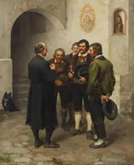 Franz Defregger, Four peasants holding a conversation with a priest, 1893, oil on canvas