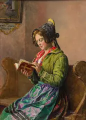 Hans Hamza, Girl with Golden bonnet and prayer book, oil on panel
