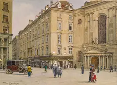 Stefan Simony, Vienna, Michaelerplatz, 1914, gouache on paper