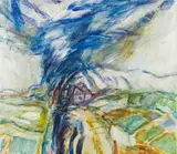 Hubert Berchtold, Bewegte Landschaft mit Rauchzeichen, 1975, oil and acrylic on chipboard