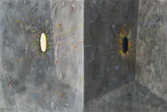 Walter Schmögner, Zwei Kokons, schwebend, 1998, mixed media on paper