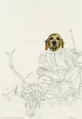 Deborah Sengl, Der Jäger - Zur Spurensuche - Ertarnt Sich Seinen Tierischen Begleiter, 2005, mixed media on paper