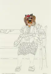 Deborah Sengl, Die Seniorin - Zur Zweisamkeit - Ertarnt Sich Ihren Tierischen Begleiter, 2005, mixed media on paper