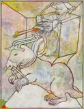 Peter Sengl, Löwenkopfhalterung für Mischtier 3Fach Schnaubend 1973, 1974, mixed media on board