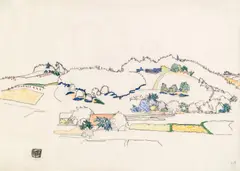 Egon Schiele, Hazy landscape, 1915, charcoal and coloured crayon on paper
