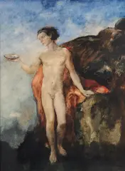 Oskar Larsen, Young male nude with shell in landscape, 1952, mixed media on paper