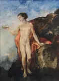 Oskar Larsen, Young male nude with shell in landscape, 1952, mixed media on paper
