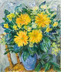 Lisl Engels, Bouquet of flowers in blue vase, 1988, oil on canvas