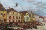 Ludwig Karl Strauch, Wire rope artist at Stadtplatz, Klosterneuburg, oil on cardboard